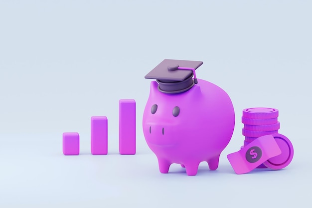 3d rendering of Graduation cap icon Purple gradient coins and piggybank concept of saving money