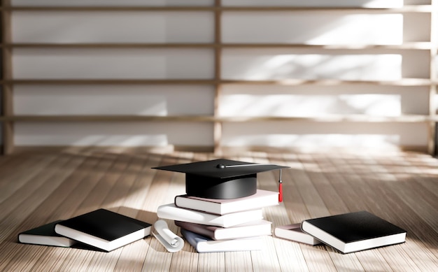 Rendering 3d, tappo di graduazione e pila di libri, concetto