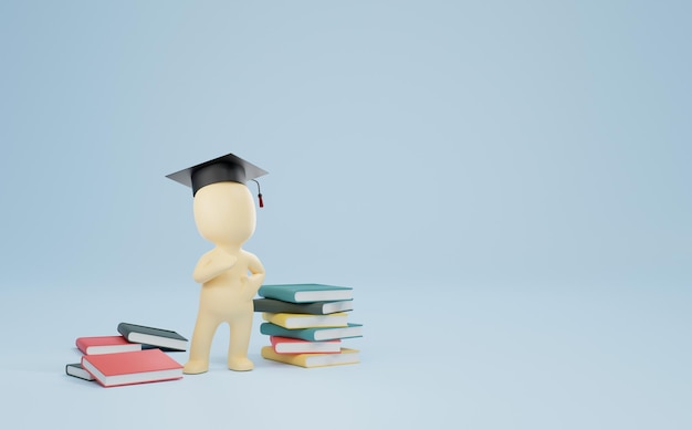 Photo 3d rendering, graduation cap and stack of books, concept