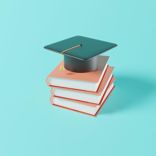 3d rendering graduation cap on the stacking textbook knowledge\
is a key to success education concept