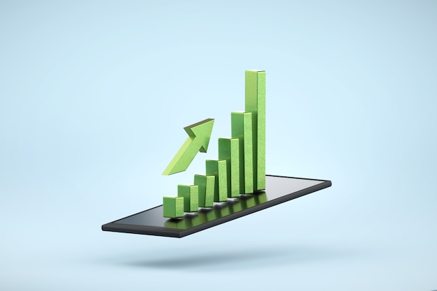 3d rendering graph extruded slope on smartphone and isolated on background