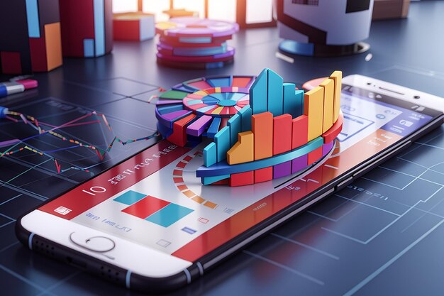 Photo 3d rendering of graph on smartphone screen with a pie chart on background concept of trading online