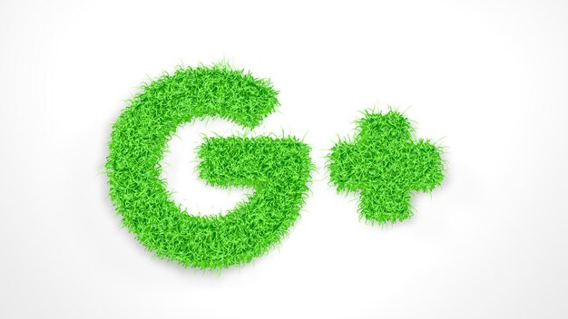 3D-rendering graseffect Google plus-pictogram Natuurlijke groene graskleur met geïsoleerde witte achtergrond