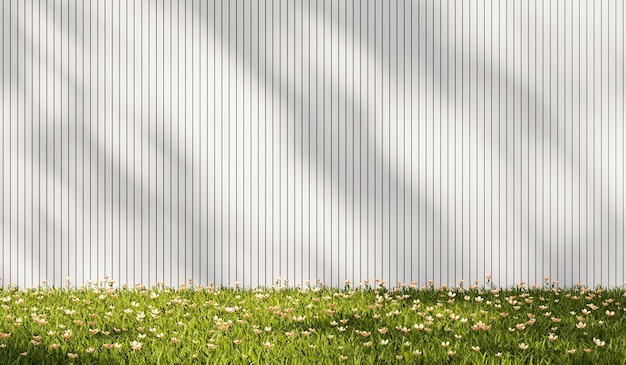 3D-rendering grasveld met witte houten planken muur achtergrond
