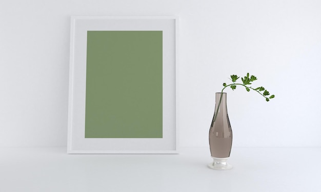 3D rendering of a green blank frame mockup next to a glass vase leaning against a white wall