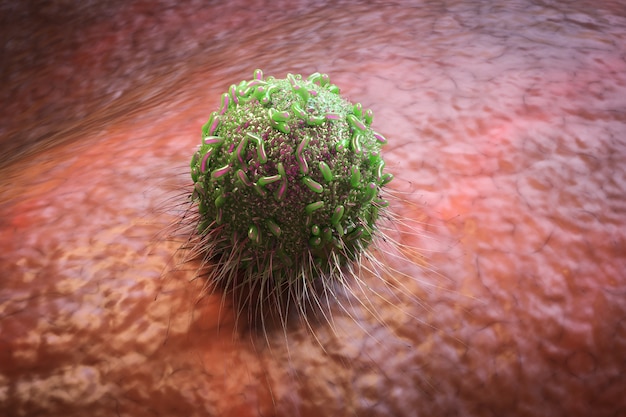 3d rendering green cancer cell in blood