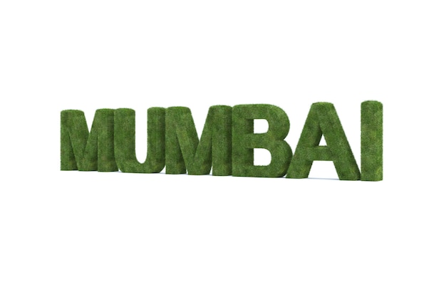 흰색 배경에 고립 된 푸른 잔디 뭄바이 단어의 3d 렌더링
