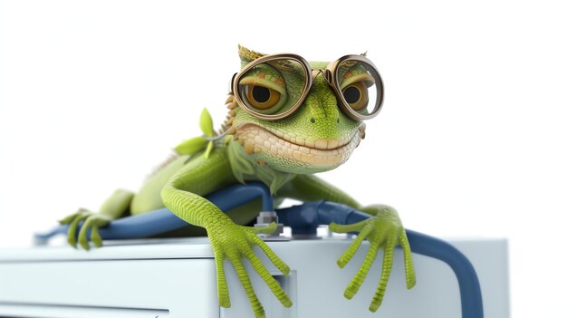 Photo a 3d rendering of a green iguana wearing aviator glasses is perched on a white surface