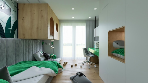 3d 렌더링 녹색 아이 침실 인테리어 디자인 인테리어