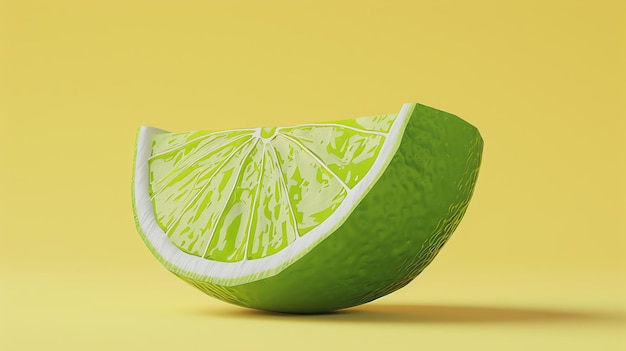 Photo 3d rendering of a green lime wedge on a pastel yellow background