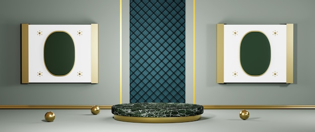 Rendering 3d del podio in marmo verde per la visualizzazione di prodotti in una stanza grigia decorata con sfondo a strisce dorate. mockup per prodotto da esposizione.