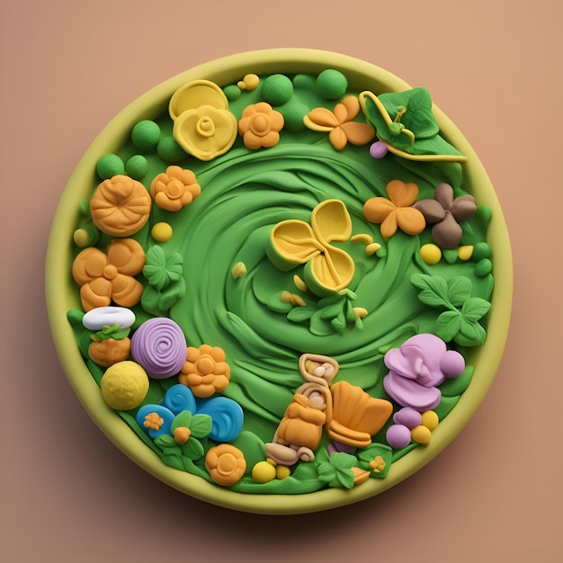 3d rendering of a green plate decorated with flowers and candies