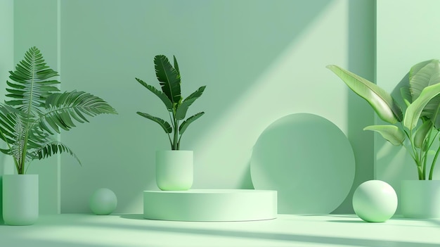 3D rendering of a green podium with a potted plant on it There are two other plants and two spheres on the left and right side of the podium
