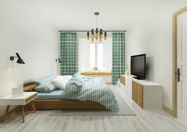 3d-rendering groene vintage minimale slaapkamer suite in hotel met tv