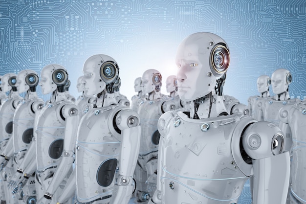 3D-rendering groep humanoïde robots op een rij