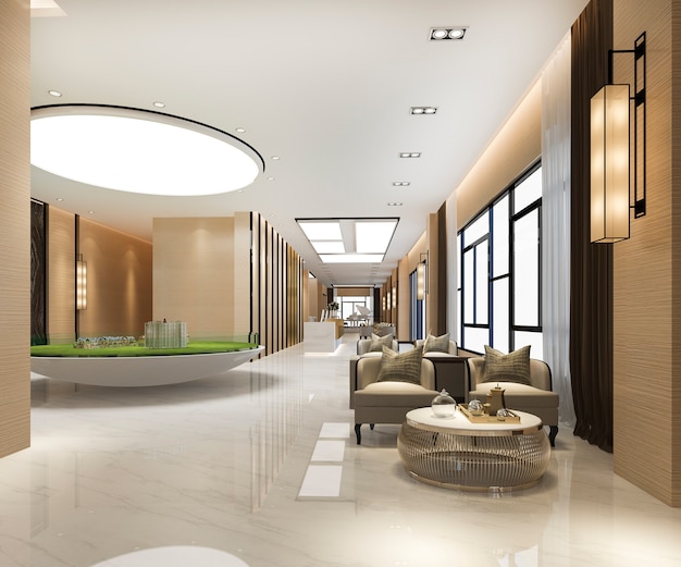 3d-rendering grote luxe hotel receptie en verkoop condominium centrum