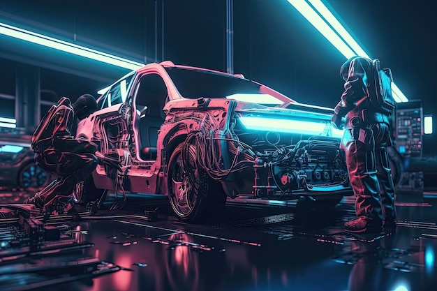 차고에서 일하는 자동차 정비사 그룹의 3d 렌더링 미래형 AI 로봇 정비공 수리 자동차 AI 생성