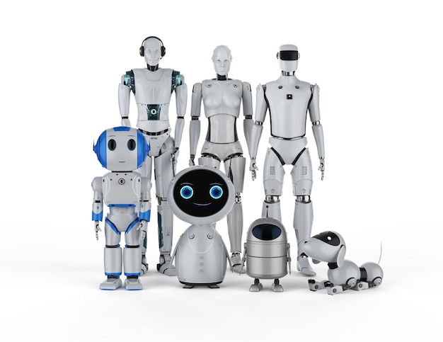 白い背景の上の自動化ロボットまたはアシスタントロボットの3Dレンダリンググループ
