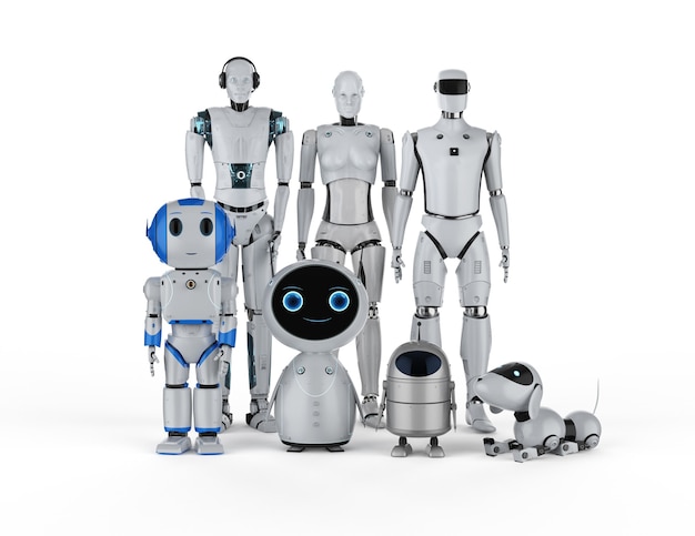 3d rendering group of automation robots or assistant robots on white background