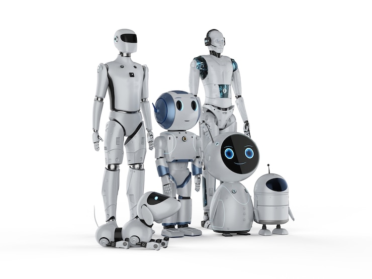 Photo 3d rendering group of automation robots or assistant robots on white background