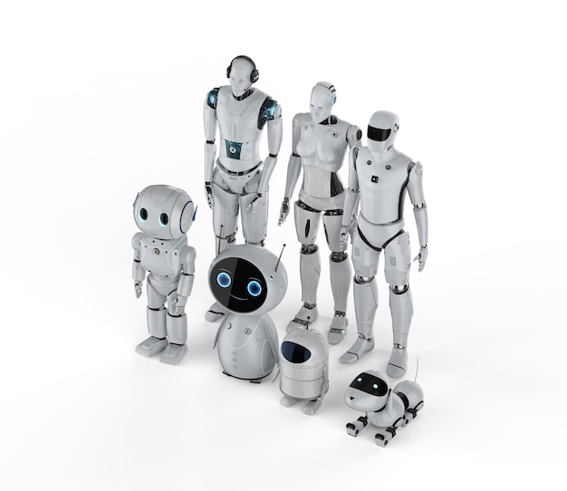 白い背景の上の自動化ロボットまたはアシスタントロボットの3Dレンダリンググループ