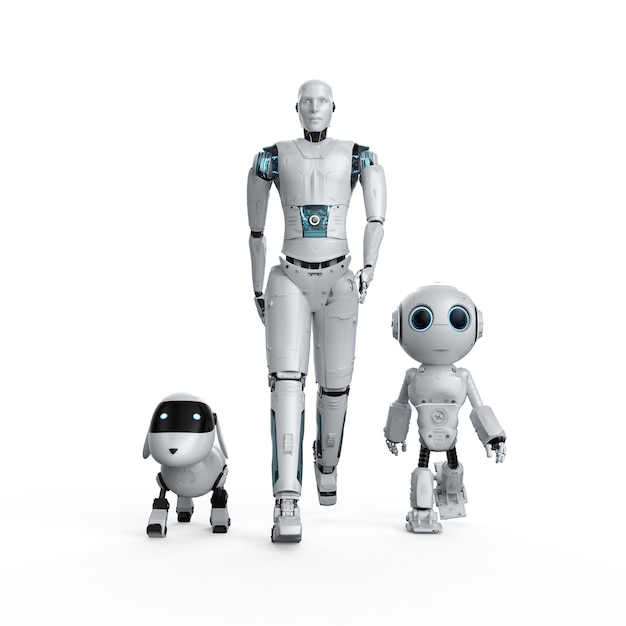 3d rendering group of automation robots on white background