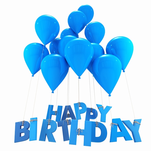 3D rendering of a group of balloons with the words happy birthday hanging from the strings in blue shades
