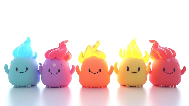 3D rendering of a group of colorful fire elemental creatures The creatures are all smiling and have different colored flames on their heads