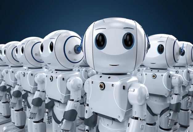 3d rendering group of cute artificial intelligence robots or robot army with cartoon character