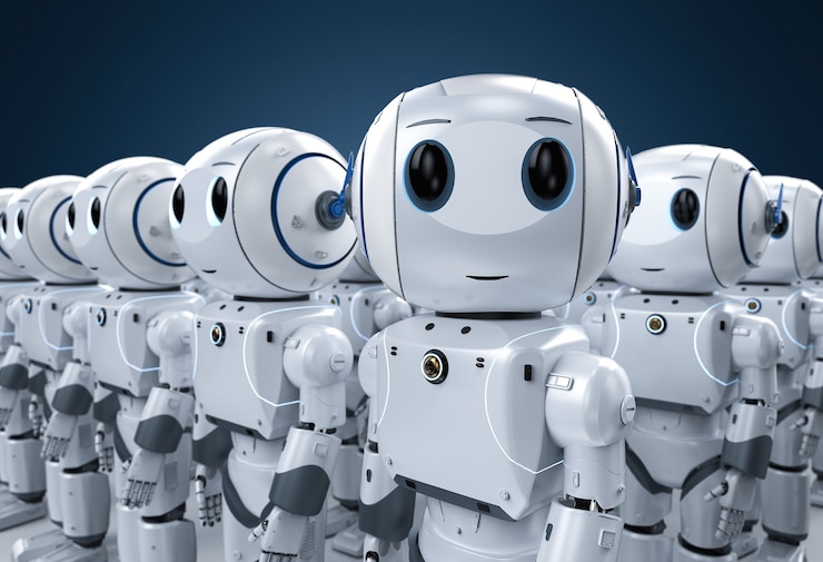 Photo 3d rendering group of cute artificial intelligence robots or robot army with cartoon character