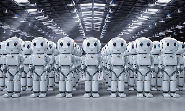 3d rendering group of cute artificial intelligence robots or robot army with cartoon character