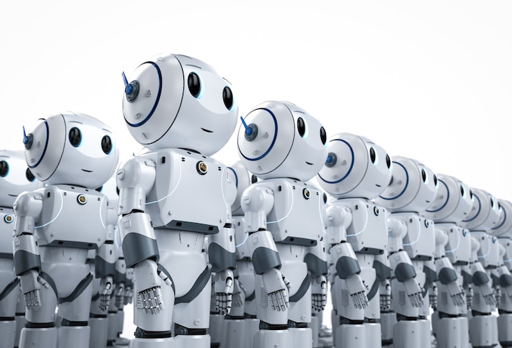 Photo 3d rendering group of cute artificial intelligence robots or robot army with cartoon character