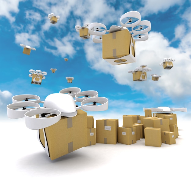 Photo 3d rendering of a group of flying drones transporting packages