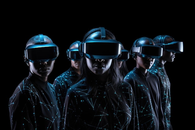 3D rendering of a group of futuristic people wearing virtual reality goggles Modern individuals wearing VR headsets and standing with a hologram effect covering their full face AI Generated