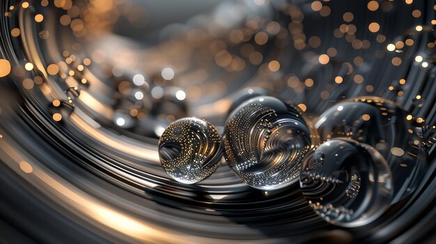 3D rendering of a group of glossy black and gold spheres with a glowing golden background