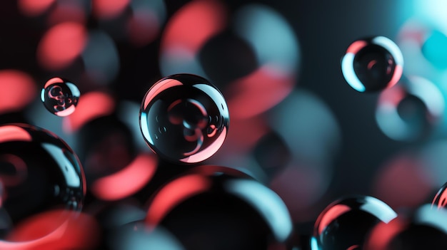 3D-рендеринг группы глянцевых сфер с размытым фоном Сферы освещены красным и синим светом, который создает поразительный контраст