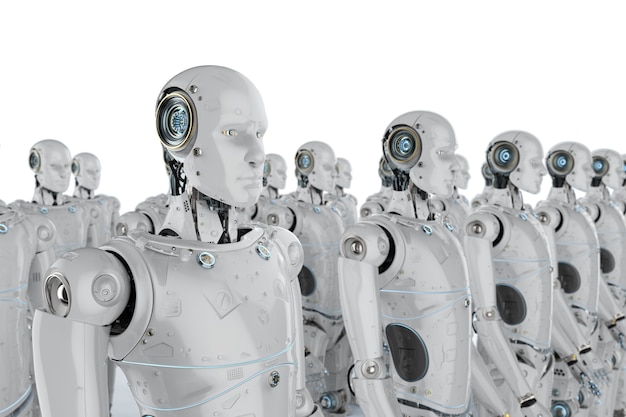 3d rendering group of humanoid robots in a row