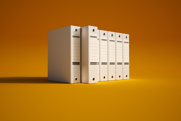 3D rendering of a group of light gray ring binders on an orange background