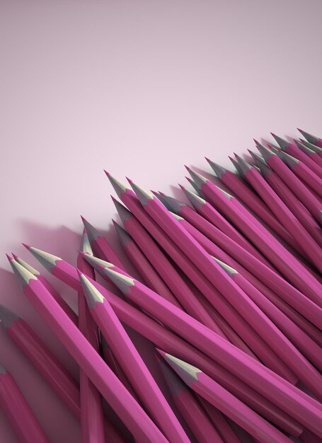 분홍색 연필 그룹의 3D 렌더링
