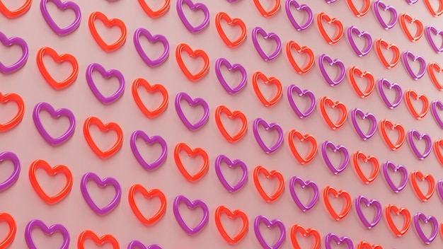 照片3d渲染组红色和紫色的心排列在粉红色的墙壁上的浪漫主题