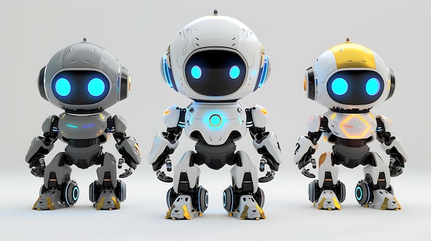 3D rendering of a group of robots on a white background