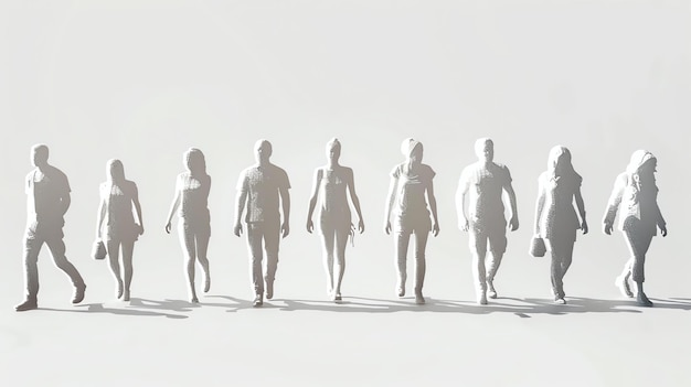 3D rendering of a group of seven people walking in a line with a white background