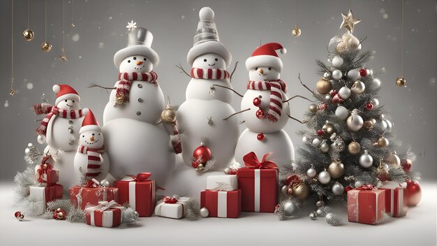 Photo 3d rendering of a group of snowmen with christmas tree and gifts