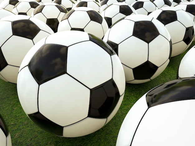 3d-рендеринг группы футбольных мячей на зеленом поле