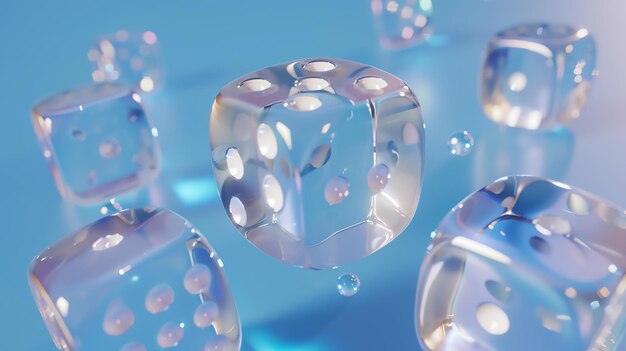 3D rendering of a group of transparent glass dice with bubbles floating in a blue background