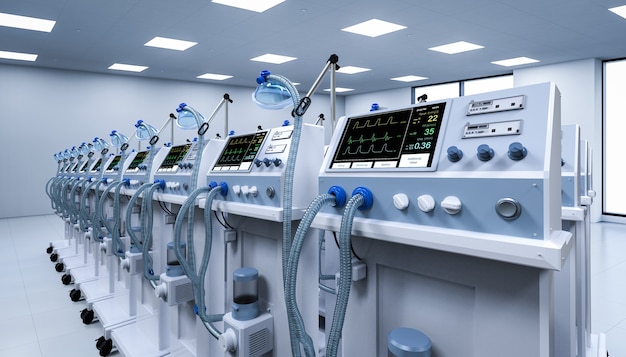 3d rendering group of ventilator machines in hospital