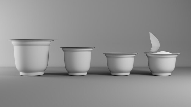 灰色の背景の白いプラスチックカップのグループの3Dレンダリング