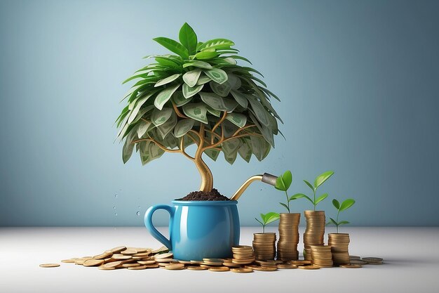 3D 렌더링: 돈 나무의 성장: 물병에서 동전으로 성장하는 돈 투자 개념