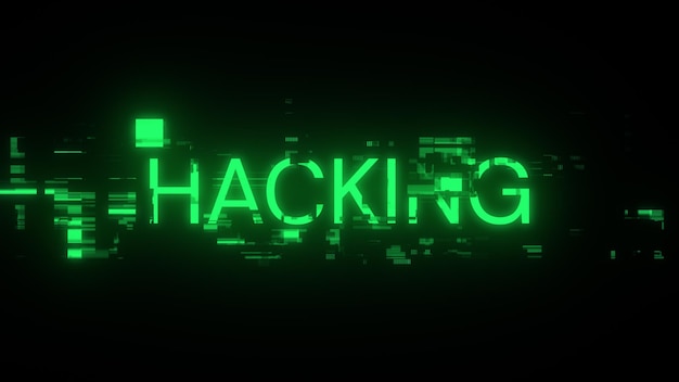 Foto rendering 3d di testo di hacking con effetti di schermo di glitch tecnologici