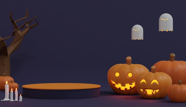 Photo 3d rendering halloween background with podium for product display